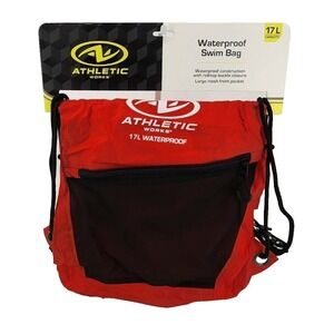 Athletic Works Swim Bag 17L Red Waterproof Roll Top Mesh Pocket Drawstring NWT